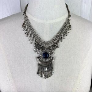 Boho Antique Silver Necklace With Blue Stone Pendant & Tribal Design Chain